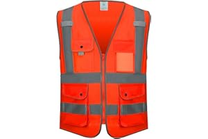 KANMORE Hi Vis Safety Vest EN ISO 20471 – High Visibility Reflective Vest with 7 Pockets & Side Hand Pockets, Zipper Front Workwear for Construction, Security, Cycling & Winter Use – Orange/Yellow