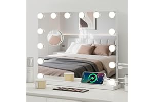 eklipt Hollywood Vanity Mirror with Lights, 50×42cm Large Lighted Makeup Mirror with 14 Dimmable LED Bulbs, Touchscreen Control, USB Output Port Tabletop or Wall Mounted Light Up Mirror For Bedroom
