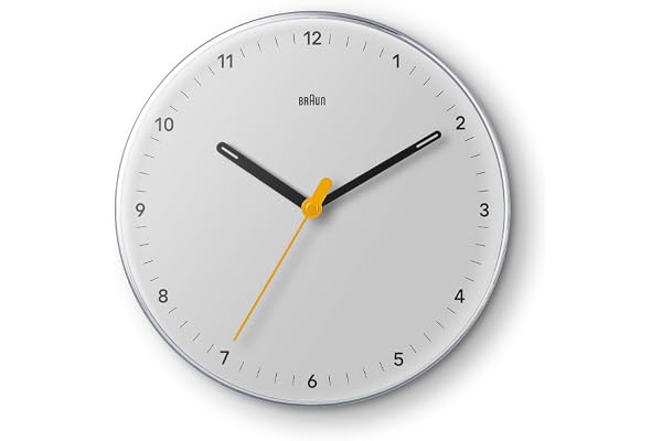 Braun klassisk analog väggklocka med tyst svepande kvartsrörelse, lätt att läsa, 23 cm diameter i vitt, modell BC26W.