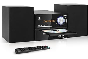 JOVELL Compact Stereo System, 3-Piece CD Shelf System Home Bluetooth Speaker with CD DVD Player/FM Radio/AUX Input/USB Input/MIC Input/RCA Output, Retro Look Premium 30W Sound System for TV (DVD-802, Black)