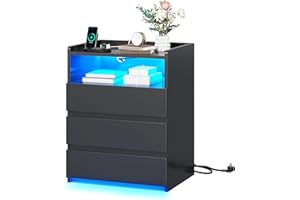 ‎AOGLLATI Nachttisch mit Steckdosenleiste Nachtschrank mit Geräumiger Tischplatte,3 Schubladen und 1 Fach,Beistelltisch mit LED-Beleuchtung,Modern Sofatisch Couchtisch für Wohn- Schlafzimmer (1, Schwarz)