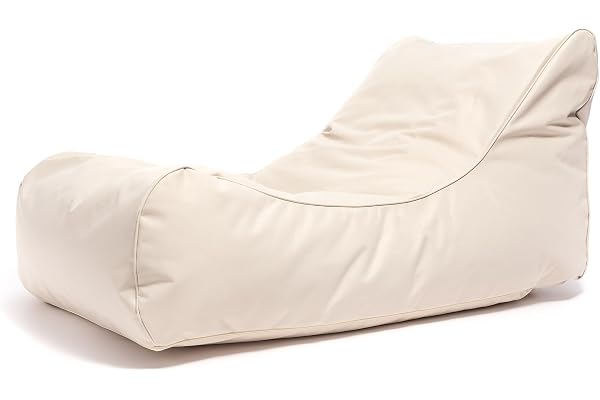 Ecopuf Master sittsäck, utomhus solstol, schäslong, XL, saccosäck med sidoförvaringsväska, vattentät med fyllning, 115 x 65 x 60 cm, gräddvit