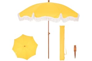 PHI VILLA Beach Umbrella 2M, Portable Fringed Garden Parasol with Ground Drill, Boho Patio Umbrella Round with Carry Bag, Outdoor UV Sun Shade Wind Resistant for Balcony, UPF 50+, Gold Yellow