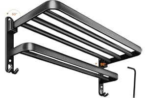 DAGORD Toallero de Baño sin Taladrar 37.3cm Plegable Toallero de Pared para Colgar en la Pared Negro Barra de Toalla de Pared de Dos Capas Estante De Toallero para Baño Hotel o Balcón