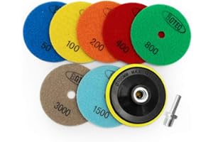 BGTEC 100mm Diamond Dry Polishing Pads for Granite Marble Mixed Grits 7pcs Pads with 1pc M14 Plastic Backer and 1pc Round Shank Adapter