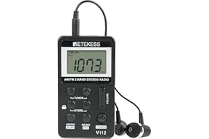 Retekess V112 Miniradio con Cuffie,Radio Portatile Ricaricabile,AM FM Radio a Pile,a Batteria,per Corsa,Viaggi, Anziani,Pescare (Nero)