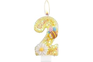 MCISKIN Fiore Ape Candele Compleanno Glitterate Gialle per Ragazze, 2 Candele per Torta