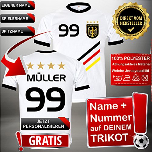 Deutschland Trikot mit GRATIS Wunschname + Nummer + Wappen Typ #D 2018 im EM / WM weiss – Geschenke für Kinder,Jungen,Baby,.. Fußball T-Shirt personalisiert als Weihnachtsgeschenk