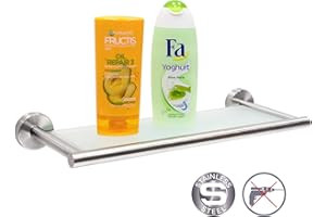 WonderWorker Boon Duschablage Ohne Bohren, Badregal aus Gehärtetem Glas und Edelstahl, Tragkraft 25 kg, Maße 42 x 15.8 cm