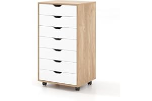 COSTWAY Mobile File Cabinet, 7 Drawers Lateral Stationery Storage Organiser Chest with Wheels, Home Office Printer Stand Side Filing Cupboard（Natural + White）
