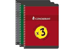 CONQUERANT Conquérant Lot de 3 Cahiers 17x22 100 Pages 70g Seyès Reliure Intégrale Couverture Carte Couleurs Assorties