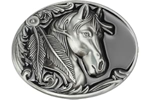 Longcreek Hebilla de cinturón de caballo para hombres, Hebilla de cinturón ovalada con cabeza de caballo vikingo noruego, Hebilla de cinturón de hoja de pluma grabada caballo punk rodeo