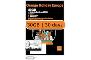 ROAMING SAVER Orange Holiday Europe Prepaid SIM Card Combo Deal 30GB Internet Data in 5G/4G/LTE (Data tethering Allowed)+120min & 1000 Texts from Europe to Any Country Worldwide+1 Sim Card Holder+1 Pin