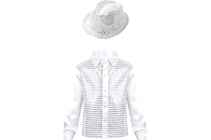 inhzoy Enfant Garçon Fille Chemise Paillette avec Chapeau Sequins Brillant Costume Danse Moderne Jazz Vêtements Danse Hip-hop Disco Performance Déguisement 4-14 Ans