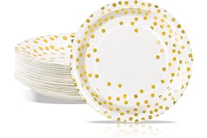 AIPartywar Platos de Papel, 50 piezas Platos de postre de fiesta Blanco con Puntos de lámina dorada 23cm Platos desechables para Cumpleaños, boda, Aniversario, Fiesta