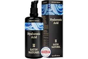 ‎SATIN NATUREL Surowica kwasu hialuronowego Duża 100 ml - Organiczna wysoka wytrzymałość kwas hialuronowych Serumy twarzy - szklana butelka - wegański żel przeciwstarzeniowy - surowica do twarzy z długoterminowymi efektami - aloe vera - satynowa natura do pielęgnacji pielęgnacyjnej