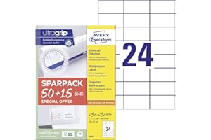 ‎AVERY ZWECKFORM AVERY Zweckform 6605 Adressaufkleber (1.200 plus 360 Klebeetiketten extra, 70x37mm auf A4, Papier matt, bedruckbare Absenderetiketten, selbstklebende Adressetiketten mit ultragrip) 65 Blatt, weiß