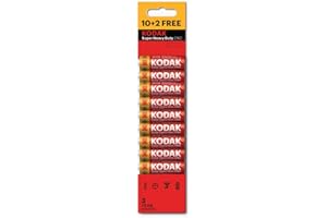 KODAK Super Heavy Duty 12-Pack AA Batteries, Double A Battery Pack, Carbon Zinc 1.5V, 3-Year Shelf Life, Disposable Household Batteries for Low-Drain Devices, R6P, Blister Packed (10+2 Count)