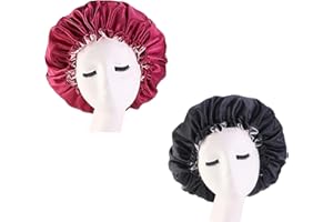 LADAYPOA Women Double Layer Satin Bonnet Sleep Cap for Long Curly Hair 2 Color Reversible Adjustable Silky Satin Cap Extra Large (2PC-black+red)