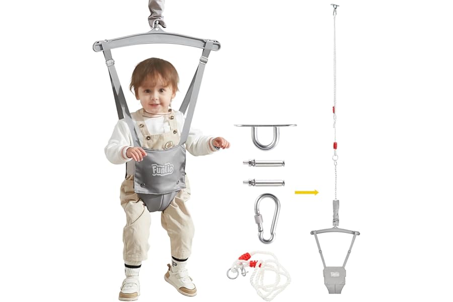 FUNLIO Baby Jumper with a Ceiling Hook for 6-24 Months, Baby Door Jumper for Indoor/Outdoor Play, Infant Jumper Doorway with Adjustable Chain, Easy to Assemble & Store (with a Ceiling Hook)-Grey