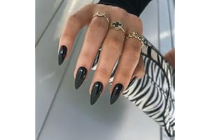 SXVME Black False Nails Almond Medium, Acrylic Press on Nails Almond Solid Color Full Cover Fake Nails Press on Medium Stiletto Stick on Nail for Women Fall Winter 24 Pcs