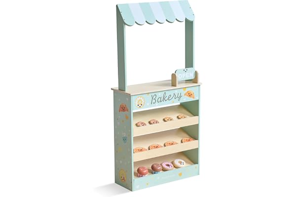 Teamson Kids Jolly Pals träbagerikiosk med 12 desserter, pedagogiskt rollspel för barn, kompakt stativ för fantasi och samhälle