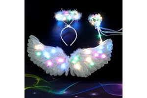 CJBIN Leuchtend Engelsflügel, 60CM Engel Kostüm, Federflügel Engel, Engels Flügel Kostüm mit Heiligenschein und Zauberstab, für Weihnachten Karneval Cosplay Party Fasching Kostüme, Weiß