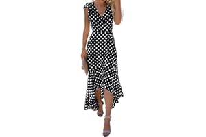 GRECERELLE Womens Summer Maxi Dress Boho Floral Cocktail Midi Polka Dot Wrap Dresses V Neck Casual Party Bohemian Flowy Long Dress for Ladies