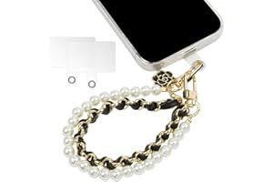 OFFCUP Dragonne de Téléphone, Perle Chaîne Téléphone Portable Charme De Téléphone, Anti-Perte Longe de Téléphone avec Chaîne en Cuir Métallique et Fleur, Bracelet Telephone avec 2 Patchs Arrière