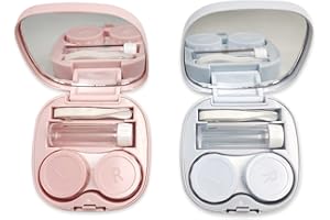 XPOOS 2 PCS Travel Contact Lens Case with Mirror, Portable Travel Lens Kit, Mini Holder Box with Tweezers & Suction Stick Blue Pink