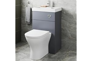 Baystone® Modern Bathroom Cloakroom 2 in 1 Back to Wall BTW Toilet Wash Basin Combi Unit Space Saving Set Soft Close Seat Dual Flush Cistern, Grey Gloss