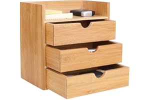 BAKAJI Organizer Portaoggetti Da Scrivania in Legno di Bambù Cassettiera con 3 Cassetti Colore Bamboo Naturale Dimensione 20 x 13 x 21 cm