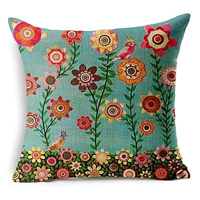 Poens Dream Housse de Coussin, Abstract Summer Flowers Cotton Linen Decorative Throw Pillow Case Cushion Cover, 17.7 x 17.7inches