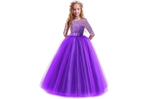 IWEMEK Enfants Fille Robe de Carnaval Princesse Longue en Dentelle avec Bowknot Demoiselle d'honneur Robe de Soirée Mariage Robe de Première Communion Anniversaire Fête Photographie 2-14 Ans