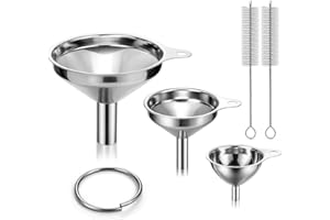MOPUBZO 3 Stück Trichter Edelstahl Set, stapelbare kleine Küchentrichter 4.5 cm / 5.5 cm / 7.5 cm mit Griff und 2 langen Reinigungsbürsten, Mini Trichter für Marmelade, Kochöle, Flüssigkeiten
