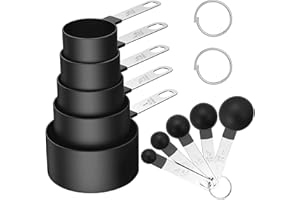 Songjum Set di 10 Pezzi Misure Tazze e Cucchiai Plastica con Manico in Acciaio Inossidabile Cucina Misurini Cucchiai Dosatore Set per Misurare Solidi e Liquido (Nero)