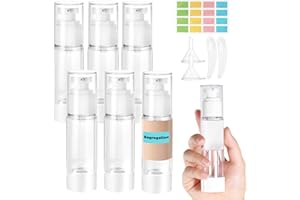 Furuising 6 Stück 50ml Airless Pumpspender, Klein Creme Spender Pumpflasche Leer, Nachfüllbar Cremespender, Vakuum Reiseflaschen zum Befüllen mit Aufkleber, Spatel für Reise Lotionen Shampoo Kosmetik