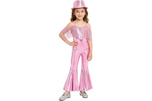 Jugaoge Flicka smal passform jumpsuit ärmlös lack läder overall stretch koppel med hatt disco hippie body med långa byxor Bell Bottom byxor