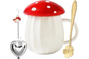 YALUCKY Kawaii Mignon Tasse à Café de Champignon Mug Céramique Tasse à Thé Avec Couvercle et Cuillèr-Idée Cade au Femme d'Anniversaire Ou de Noël Cade au Fete de s Grand Mere,Meres Cade au Meilleure Amie