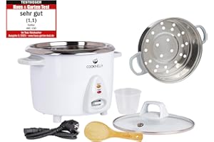 ‎KEMAR KITCHENWARE KeMar Reiskocher mini (0,6L, 300W, Weiß) Edelstahltopf, Kompakt & Glasdeckel und Bambuslöffel (KRC-100 Steamer) kleiner Dampfgarer, Edelstahlschüssel, 3 Messbecher bis 3 Personen, Warmhaltefunktion