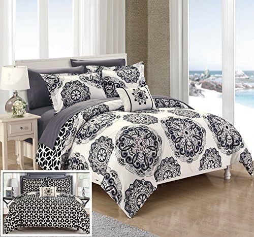 Chic Home CS4013-AN 8 Piece Barcelona Super Soft Microfiber Large Printed Medallion Reversible With Geometric Printed Backing Bed In A Bag Comforter Set With Sheet Set, King, Black by Chic Home