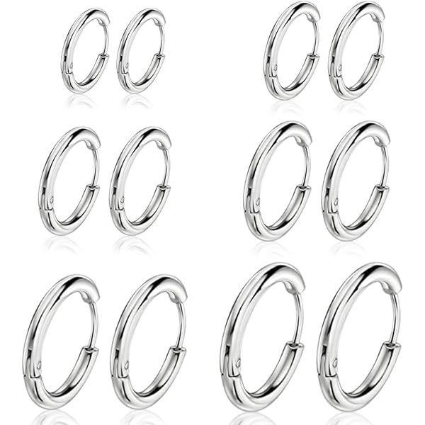 4 Paia Orecchini Finti A Cerchio - Non Forati, Clip Per Orecchie, Naso, Labbro, Argento E Nero - Foto 3