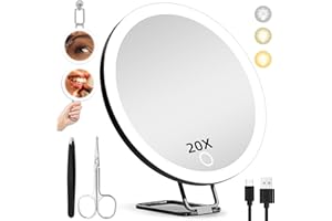HMGGOOFA 20X Magnifying Mirror with Light, 6'' Makeup Magnifying Mirror with LED Lighted 20x Magnification Mirror, 20x Travel Magnifying Mirror, 20X High Magnified Mirror, 3 Suction Cups, 360° Adjustable Stand