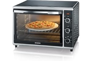 SEVERIN Mini-Four à chaleur tournante 42 L avec pierre à pizza et tournebroche, Four posable 1 800 W design élégant, électrique avec minuteur 120 min, Noir/Inox, TO 2058