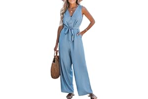 CUPSHE Damski kombinezon bez rękawów dekolt w serek z przodu guzik wiązany w talii szerokie nogawki na co dzień letni elegancki kombinezon
