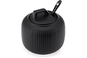 GALICJA OSBORN Azucarero de cerámica con cuchara y tapa, azucarero negro, estable y espacioso azucarero de cerámica con tapa y cuchara, accesorios de cocina, 9,8 x 9,8 x 10,3 cm