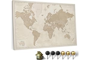 CANVASCALE Canvas World Map with Cork Pin Board - English Lettering - Decorative Wall Decoration for All Rooms - Canvas Pictures with World Map Motif (90x60 cm, Pattern 9)
