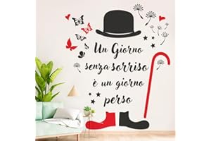 Gigio Store adesivi murali Charlie Chaplin scritte da parete in italiano, un giorno senza sorriso è un giorno perso, decorazioni con farfalle, fiori, per la casa, cucina, camera da letto, soggiorno