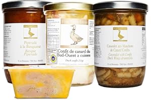 FOIE GRAS LUXE Panier Gourmand Noël Box Produits du Sud-Ouest 4 spécialités de la Ferme au Canard- Terrine de Foie Gras de Canard, Cassoulet, Piperade, Confit de Canard - Bocal en Verre - Sans Additifs Sans OGM