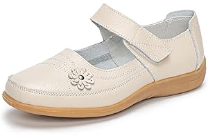 Rusffes Womens Leather Mary Jane Shoes Ladies Wide Fit Flat Shoes Casual Work Office Nurse Shoes